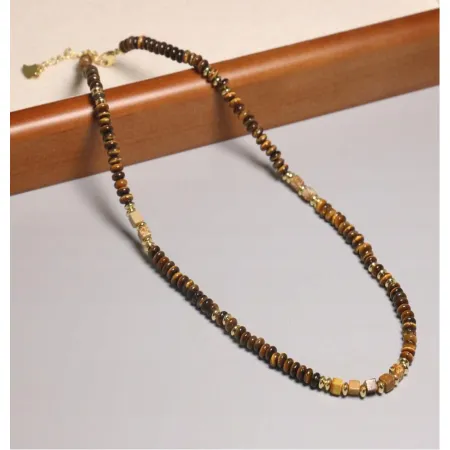 Naszyjnik Naturalny Kamień Tygrysie Oko z Jaspisem 40+5cm choker stal