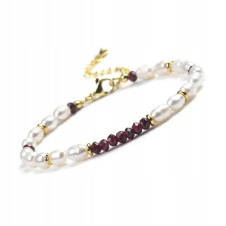 Bransoletka damska zapinana Kamienie naturalne - GRANAT - PERŁY