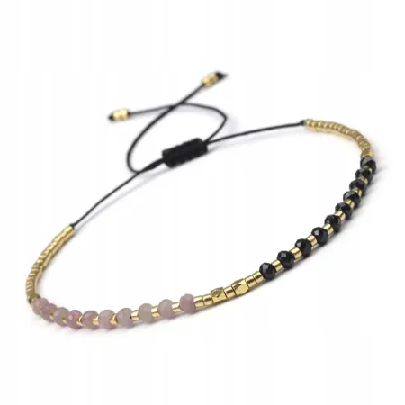 BRANSOLETKA DAMSKA Z KAMIENI NATURALNYCH - TURMALIN RÓŻOWY RUBELIT i CZARNY